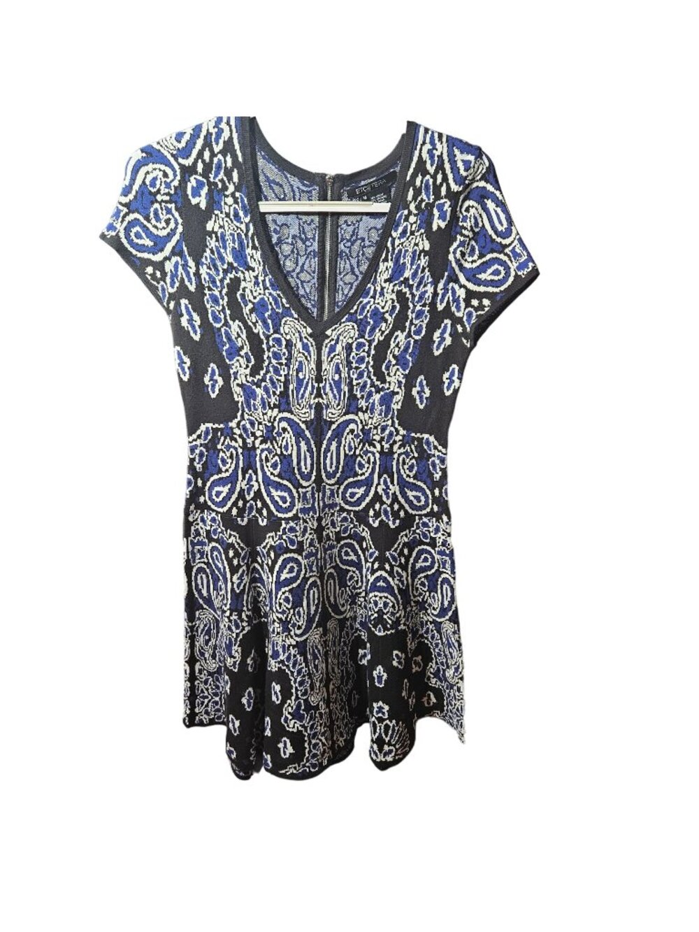 Etcetera Womens Knit Dress M Blue & Black Patterned V-Neck Short Sleeve